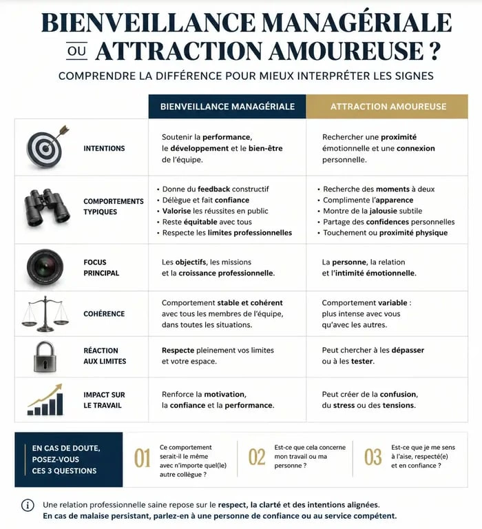 Tableau comparatif des signes d'attirance amoureuse d'un patron vs bienveillance managériale