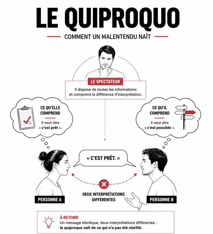 Schéma explicatif du mécanisme du quiproquo et de la double énonciation au théâtre