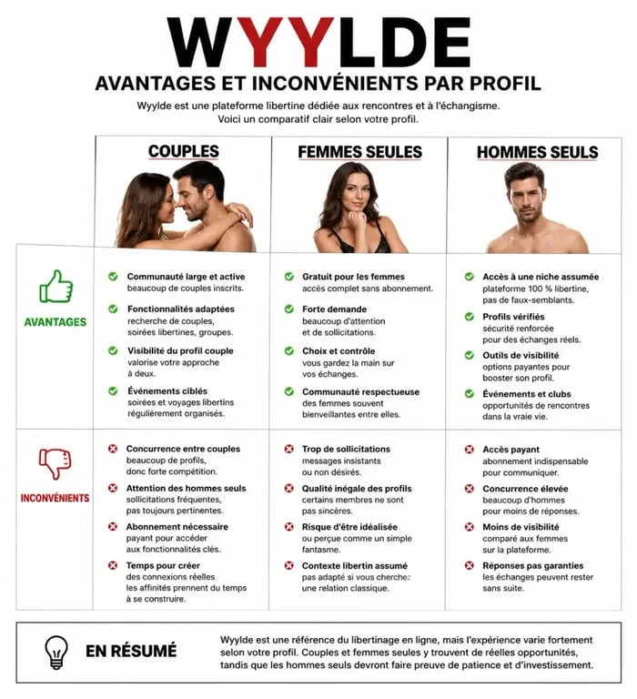 Infographie comparative des avis sur Wyylde pour couples, femmes et hommes