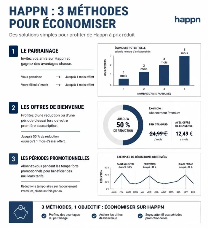 Infographie récapitulative des codes promo et réductions disponibles sur l'application Happn