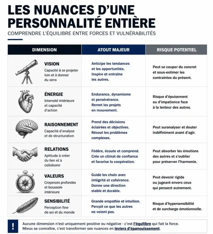 Infographie comparative des traits d'une personnalité entière : atouts et risques.