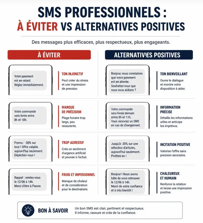 Infographie comparant les SMS à éviter et les alternatives positives pour une meilleure communication amoureuse, illustrant les 7 sms que les hommes détestent recevoir.