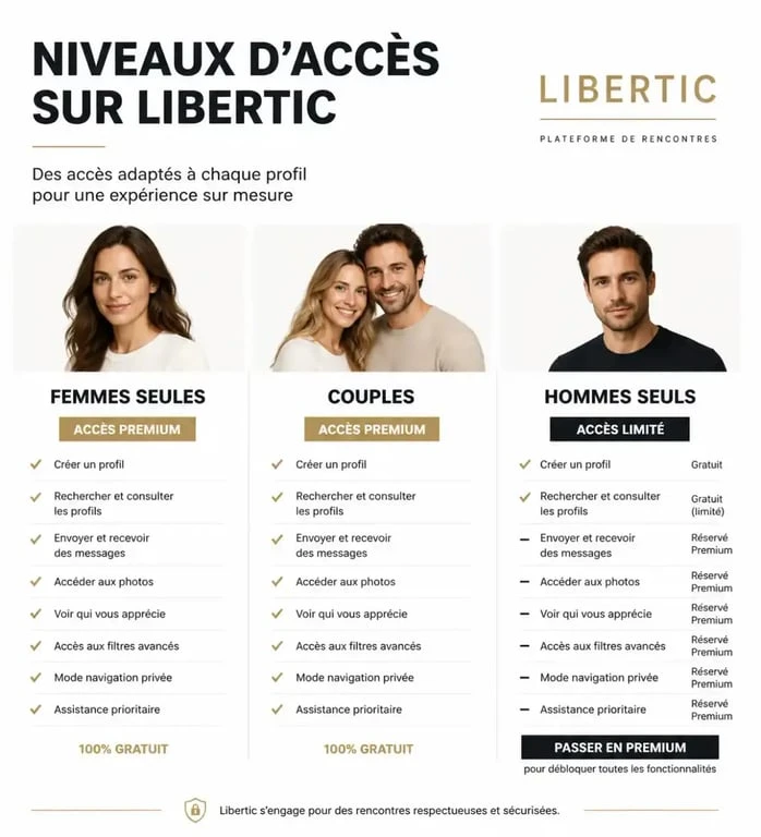 Infographie comparative des accès et fonctionnalités sur le site de libertinage Libertic
