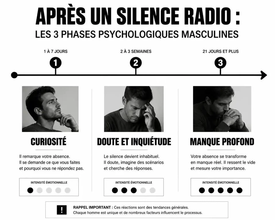 Infographie sur les effets psychologiques du silence radio sur les hommes, montrant les étapes du manque et de l'inquiétude.