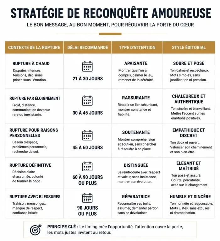 Infographie sur les petites attentions pour récupérer son ex et les délais recommandés