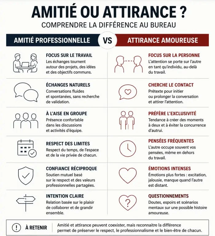 Infographie comparative des signes d'un collègue amoureux versus une amitié professionnelle au travail