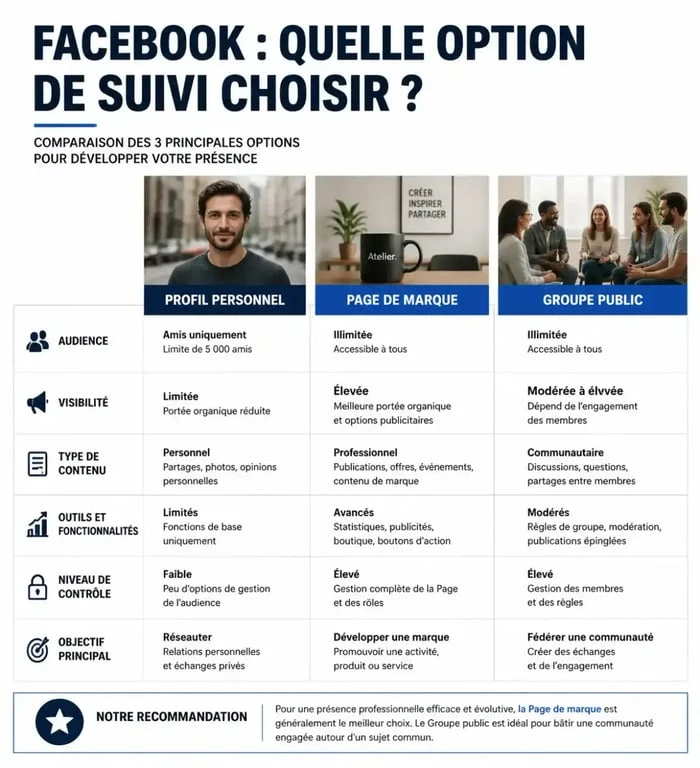 Tableau comparatif des méthodes pour suivre un profil ou une page sur Facebook sans être ami