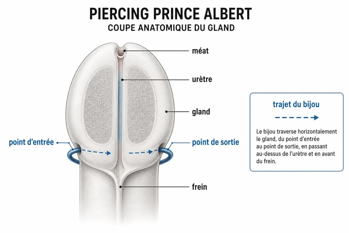 Schéma du piercing Prince Albert montrant où se situe le piercing Prince Albert et son trajet anatomique