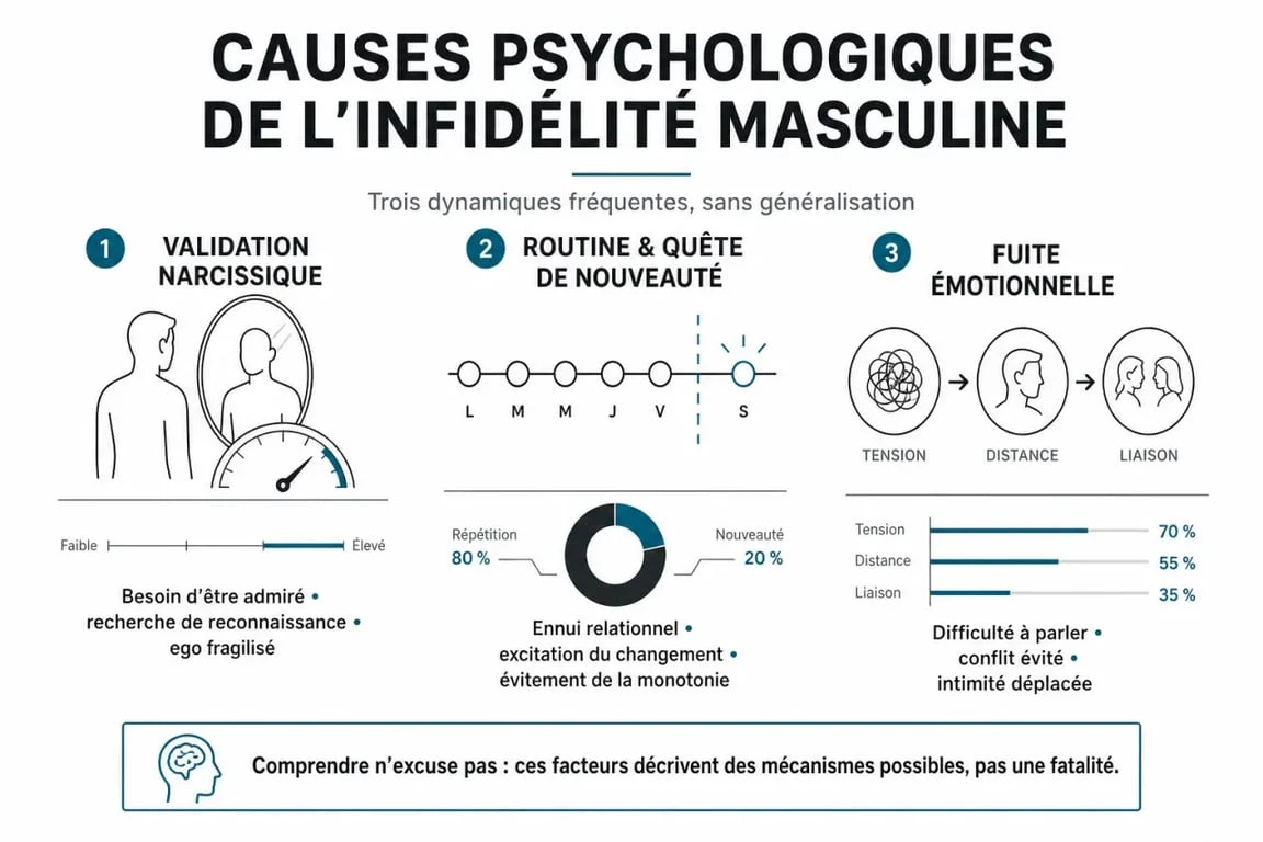 Infographie explicative sur les causes psychologiques de l'infidélité masculine dans le couple.