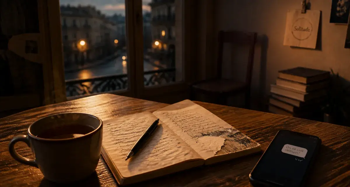 Pas d’amies : tasse, carnet et téléphone avec “Vu” non suivi, solitude