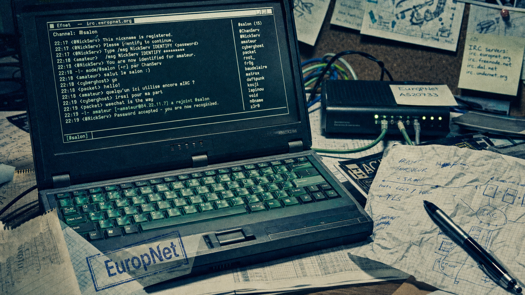 tchat europ net : terminal IRC sur vieux PC portable, #salon et NickServ