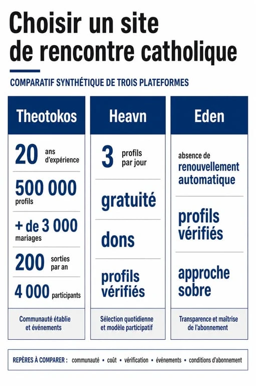 Infographie comparative pour site de rencontre catholique avec Theotokos, Heavn et Eden