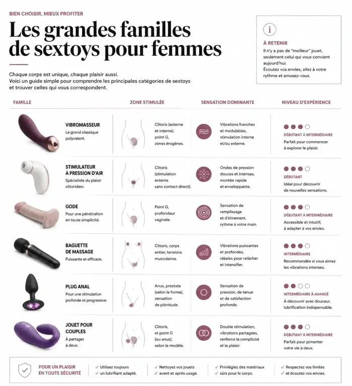 Infographie éditoriale sur les sextoys femmes : types, zones stimulées, sensations et profils conseillés