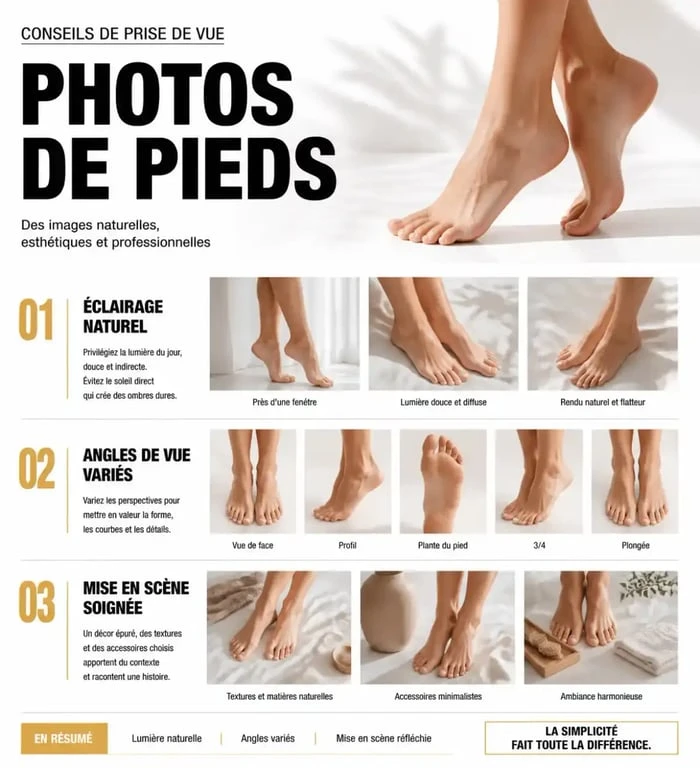 Conseils de prise de vue pour réussir ses photos de pieds sur un site pieds spécialisé.