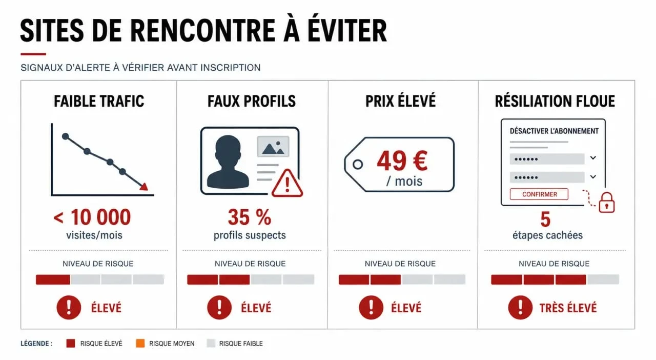 Infographie sur un site de rencontre à éviter avec signaux d’alerte, faux profils, prix élevé et faible trafic