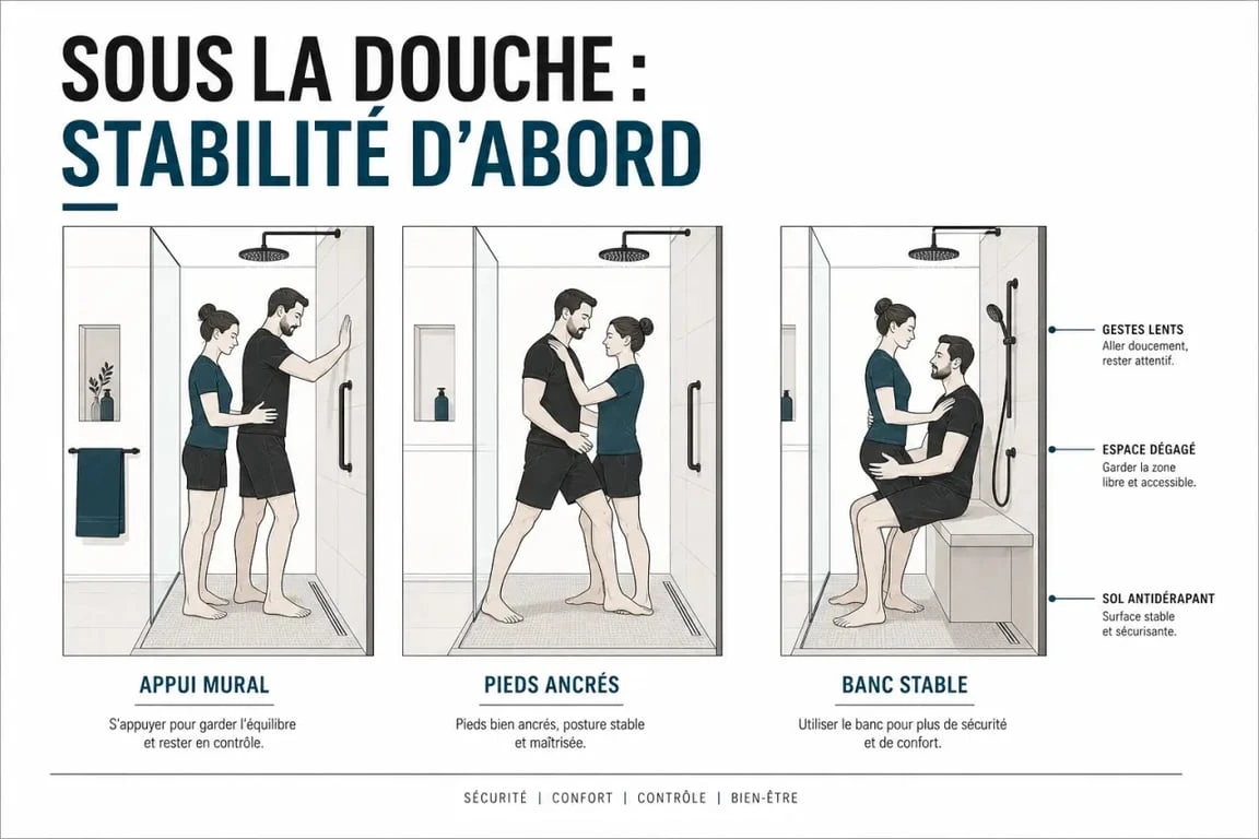 Positions sous la douche : illustration éditoriale de postures simples et sécurisées dans une salle de bain moderne