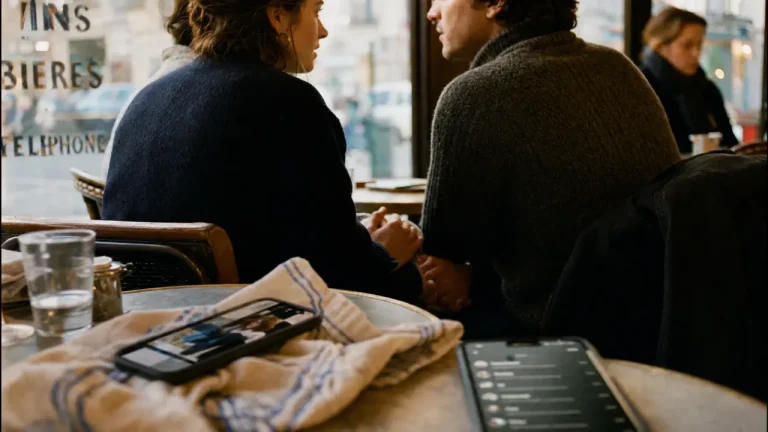 Je montre mon couple : mains entrelacées, café parisien, aperçu photo sur smartphone