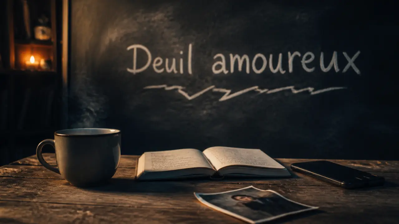 Rupture amoureuse : deuil et reconstruction, carnet et thé sur table}}